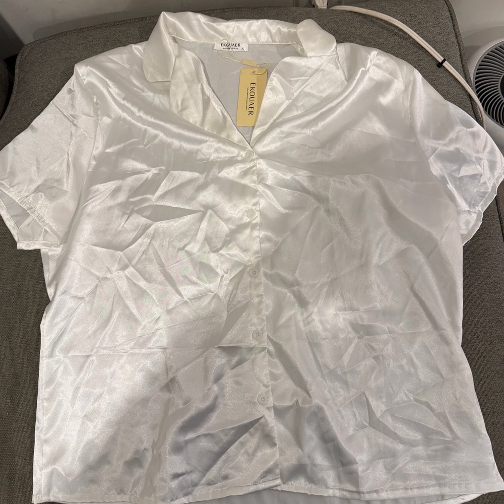 Ekouaer White Satin PJ Set